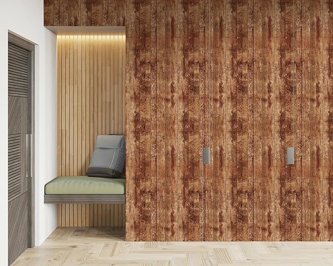 FLFK 16" x 384" Wallpaper Peel and Stick Vintage Brown Wood Contact Paper for Bedroom Kitchen Bathroom