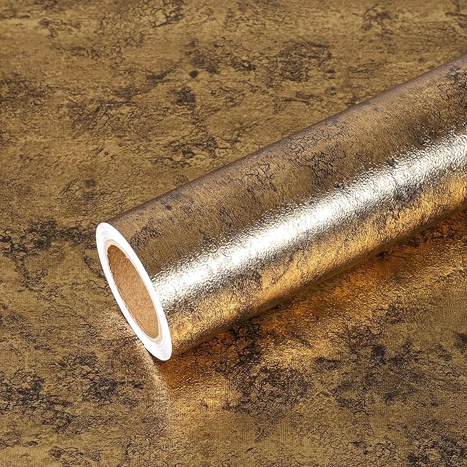 VEELIKE Luxury Gold Peel and Stick Wallpaper Textured Metallic Wallpaper Gold Contact Paper for Cabinets Shelves Accent Walls 24''x354'' Self Adhesive Removable Golden Wall Paper for Bedroom Bathroom
