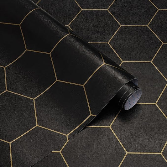 Black Geometric Wallpape Peel and Stick Wallpaper Gold and Black Contact Paper 17.3”×78.7”Decorative Shelf Drawer Liner Roll Waterproof