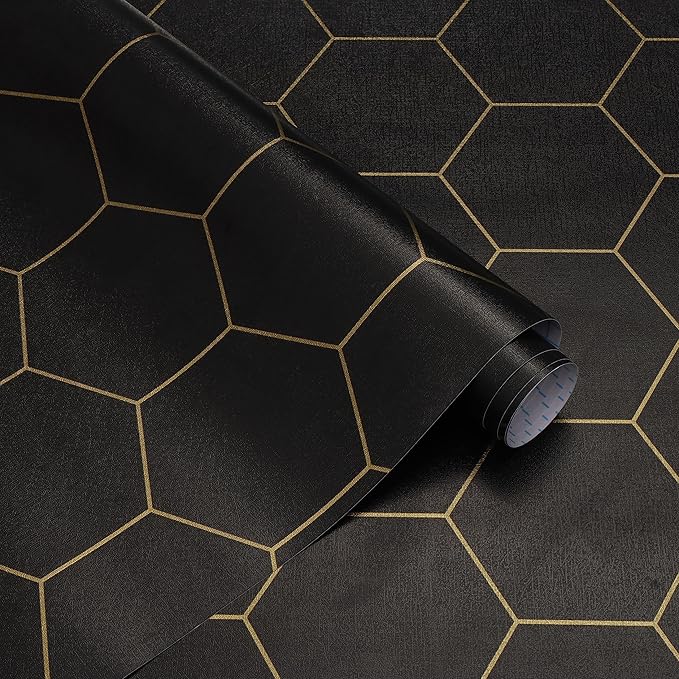 Black Geometric Wallpape Peel and Stick Wallpaper Gold and Black Contact Paper 17.3”×78.7”Decorative Shelf Drawer Liner Roll Waterproof