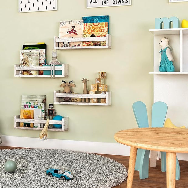 NATURE SUPPLIES Set of 4 Whitewashed Nursery Room Shelves 16.4'', Solid Wood Ideal for Books Toys and Decor, Wall Bookshelf Kids Bedroom, Bookshelf, Nursery Book Shelves, Floating Grey