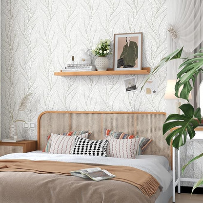 Leaf Wallpaper Peel and Stick Boho 17.3"x393" White and Beige Wallpaper Plant Self Adhesive Removable Wall Paper for Bedroom Beige Leaves Contact Paper for Cabinets Vinyl Waterproof