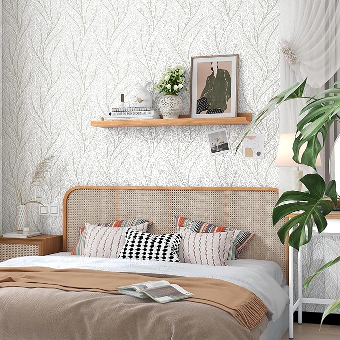 Leaf Wallpaper Peel and Stick Wallpaper Boho 17.3"x197" Plant Beige and White Removable Self Adhesive Wall Paper for Bedroom Beige Leaves Contact Paper for Cabinets Walls Vinyl Film