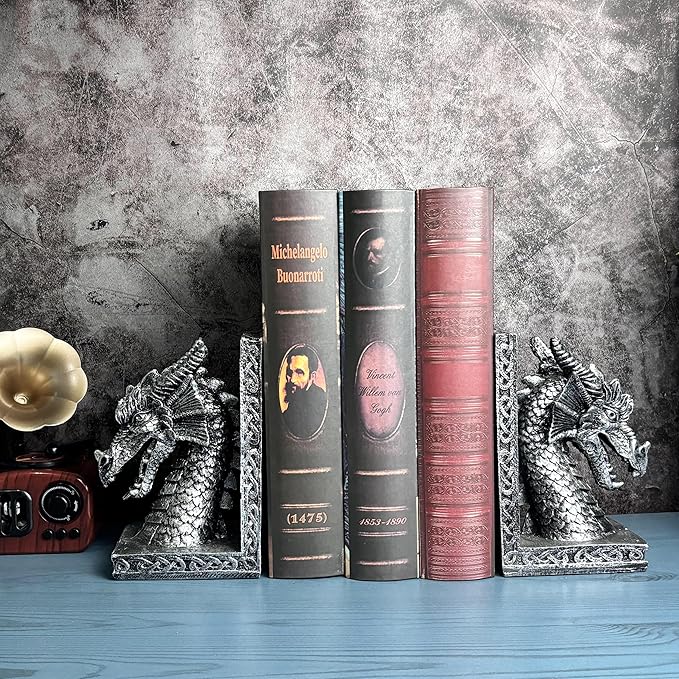 Book Ends for Shelves to Hold Books Heavy Duty,Decorative Bookend for Bookshelf Décor, Animal Dragon Book Stopper Dragon Statues for Home, Office Desk, Living Room Decoration,Vintage Silver,1pair