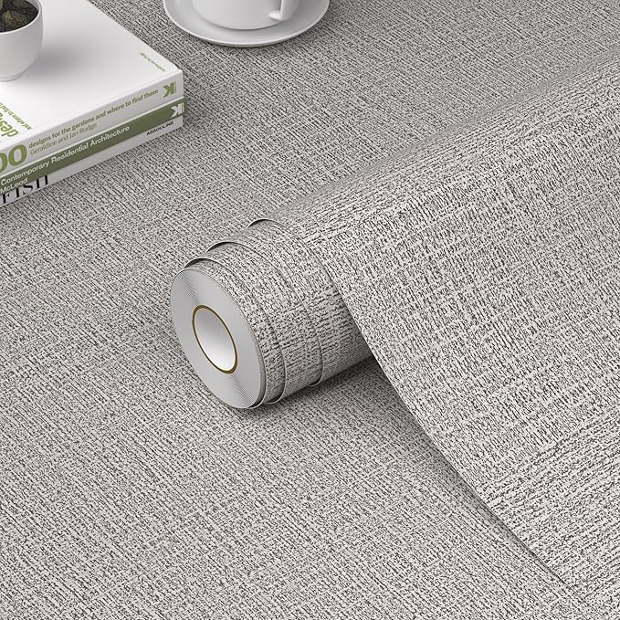 WADILE Grasscloth Peel and Stick Wallpaper 23.6in x 236in, Textured Contact Paper for Cabinets, Faux Linen Wall Paper Pull and Stick, Fabric Vinyl Wallpaper Self Adhesive Light Gray
