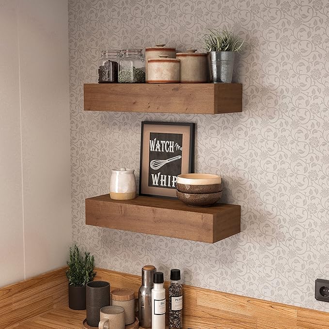 Wall Floating Shelves, Rustic Wood Wall Shelf Handmade - Wooden Shelves for Bathroom Kitchen Livingroom(Light Walnut, 17 Inch - 2 Pack)