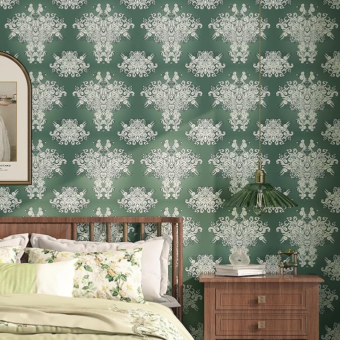 FunStick 17.5"x354" Vintage Dark Green Damask Peel and Stick Wallpaper Victorian Beige Floral Self Adhesive Wallpaper for Bedroom Living Room Walls Decorative Green Contact Paper for Cabinets Drawers
