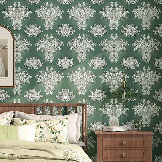 FunStick 17.5"x354" Vintage Dark Green Damask Peel and Stick Wallpaper Victorian Beige Floral Self Adhesive Wallpaper for Bedroom Living Room Walls Decorative Green Contact Paper for Cabinets Drawers