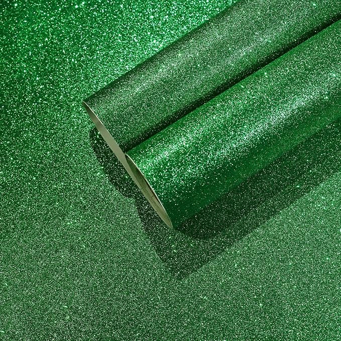CHIHUT Sparkly Glitter Wallpaper Stick and Peel for Walls Decorative Self Adhesive Shiny Glitter Green Contact Paper for Cabinets Removable Glitter Fabric Wallpaper for Bedroom Dresser 15.7''x100''