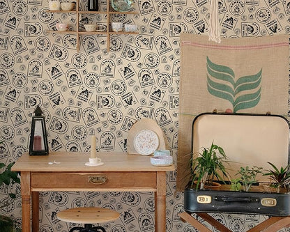 FLFK Beige Wallpaper Peel and Stick Antique Campfire Postmark Contact Paper Removable Self Adhesive Wall Paper for Bedroom Bathroom Cabinet Decor 16" x 128"