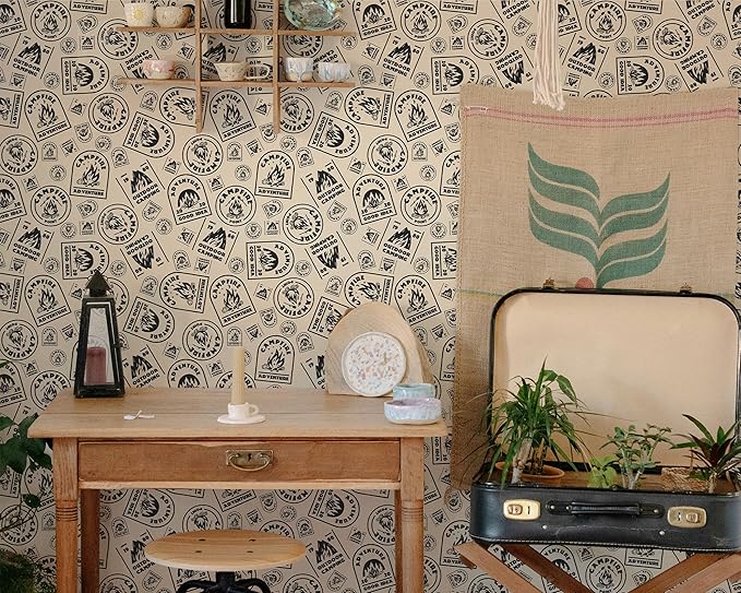 FLFK Beige Wallpaper Peel and Stick Antique Campfire Postmark Contact Paper Removable Self Adhesive Wall Paper for Bedroom Shelf Cabinet Drawers Countertops 16