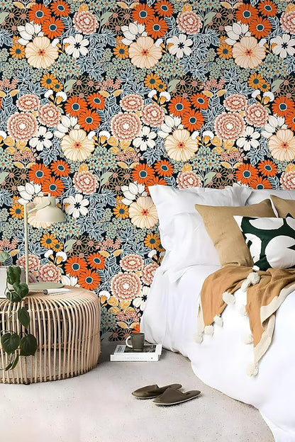 Floral Wallpaper Peel and Stick Boho Wall Paper Removable Waterproof Orange/Green/Red Contact Paper for Bedroom, Bathroom, Home Wall 17.3" x 118"