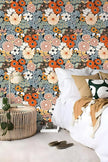 Floral Wallpaper Peel and Stick Boho Wall Paper Removable Waterproof Orange/Green/Red Contact Paper for Bedroom, Bathroom, Home Wall 17.3