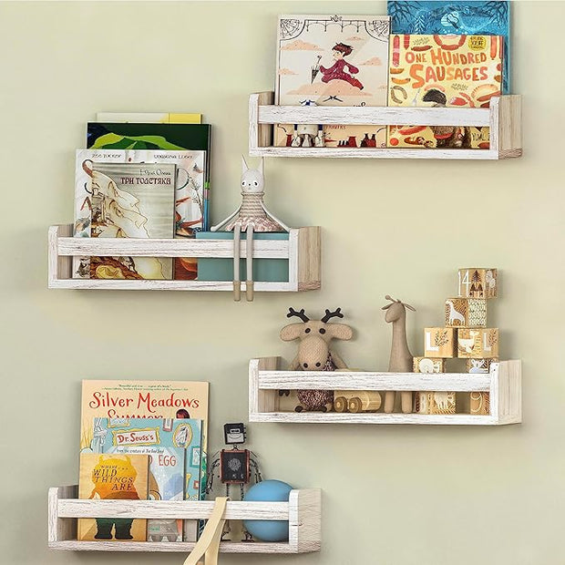 NATURE SUPPLIES Set of 4 Whitewashed Nursery Room Shelves 16.4'', Solid Wood Ideal for Books Toys and Decor, Wall Bookshelf Kids Bedroom, Bookshelf, Nursery Book Shelves, Floating Grey