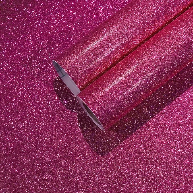 CHIHUT 15.7''x100'' Hot Pink Wallpaper Sparkly Glitter Wallpaper Stick and Peel for Bedroom Walls Self Adhesive Removable Pink Glitter Contact Paper for Cabinets Decorative Fabric Roll for Drawer