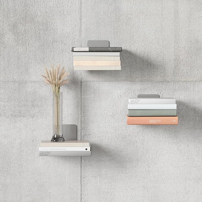 Umbra Conceal, Sturdy Metal Floating Bookshelf for Wall, Silver, Large, Set of 3